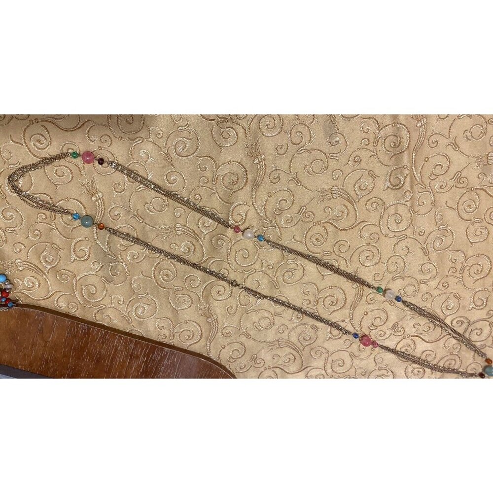 Vtg Gold Tone Rope Necklace Pastel Glass Beads Mock 3 Strand Chains 56 in READ
